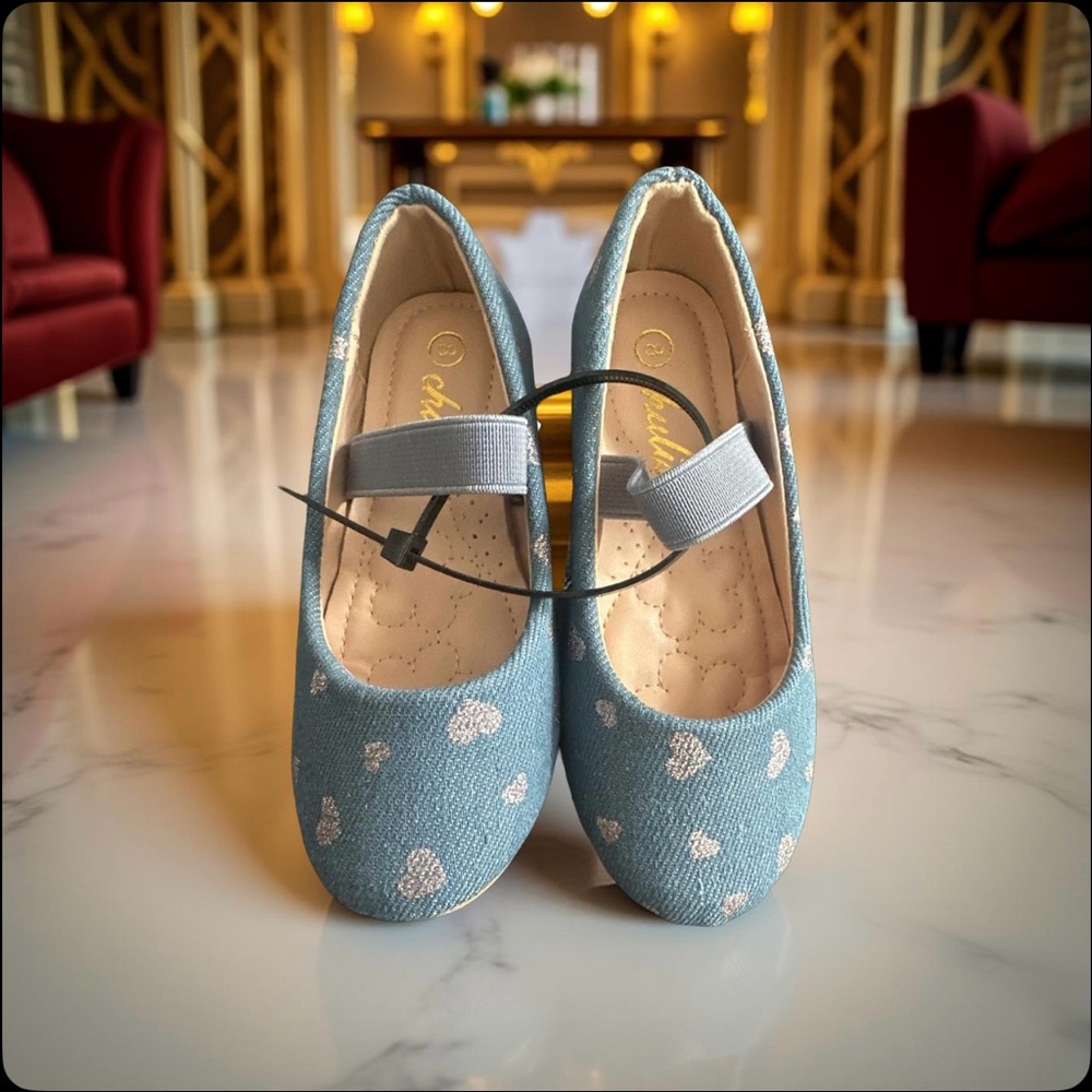 Mary Jane style glitter light blue with hearts ballet flats with strap